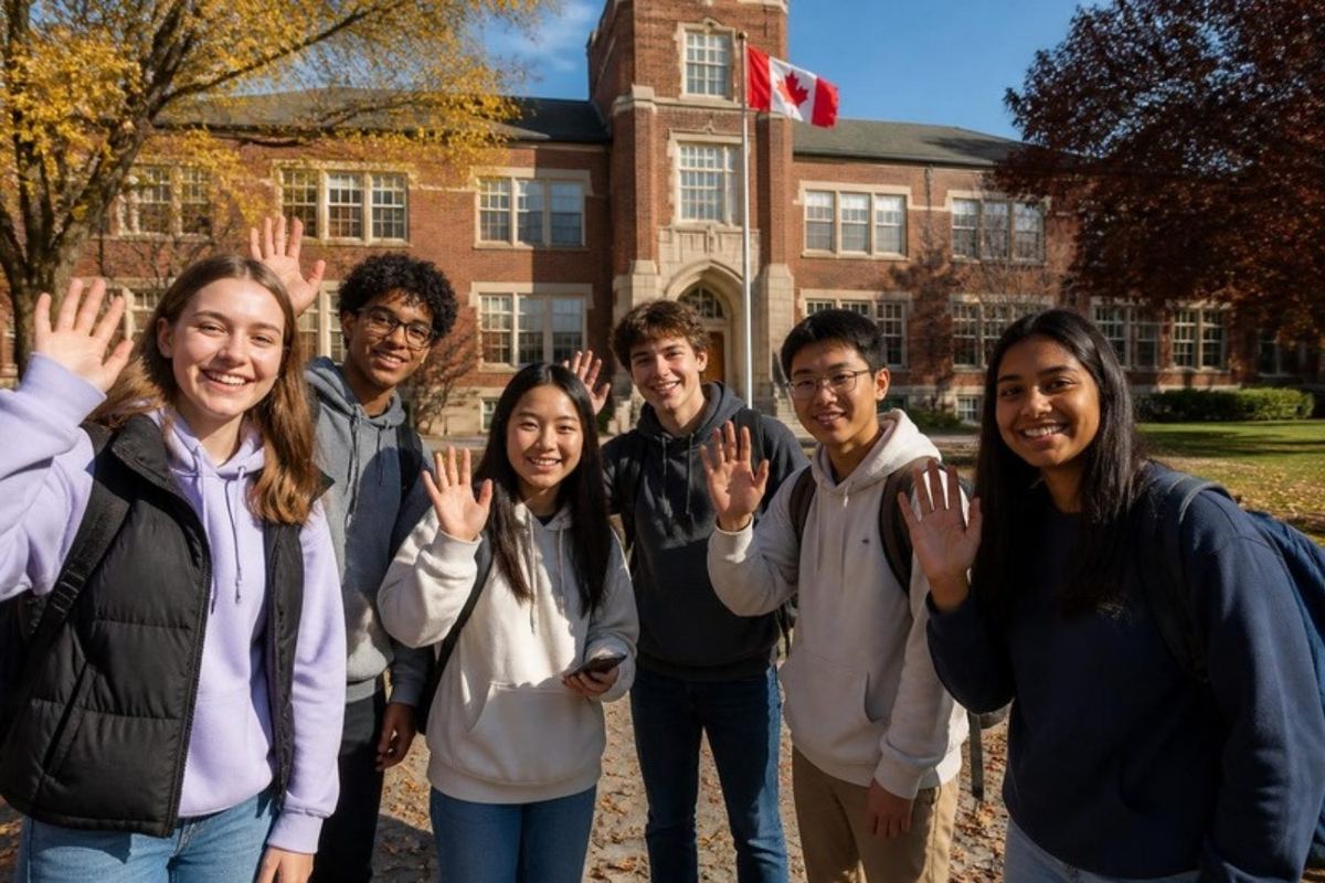 Các học sinh vui vẻ vẫy tay trước một ngôi trường Canada treo lá cờ lá phong