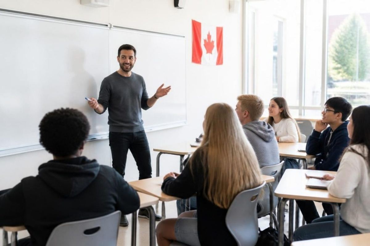 Một giáo viên đang giảng bài cho các học sinh chăm chú trong lớp học tại Canada