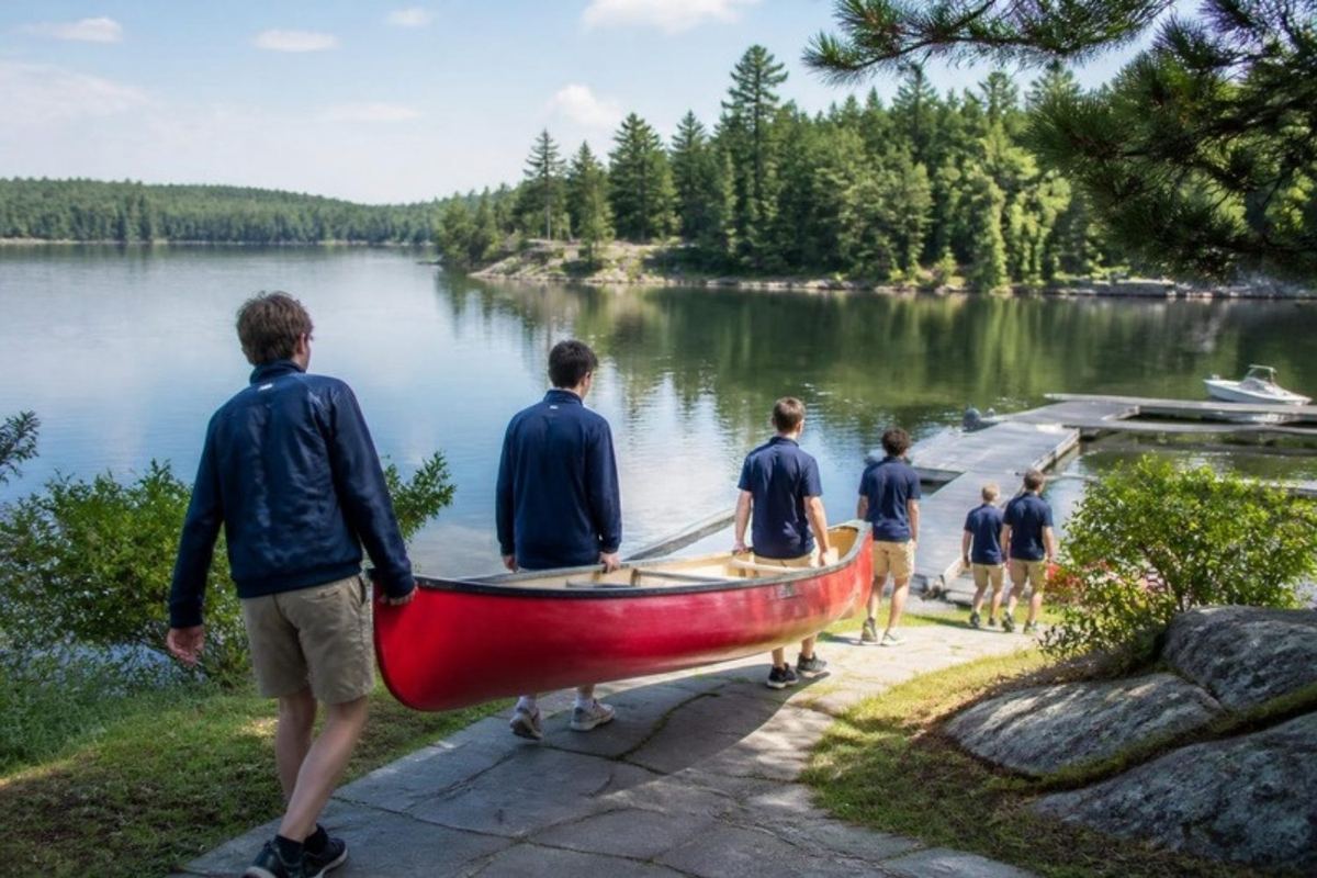 Một trường nội trú ven hồ với các học sinh bên chiếc xuồng canoe