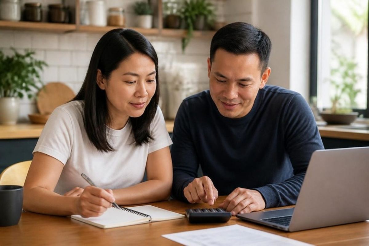 Cha mẹ lập kế hoạch ngân sách học tập bên bàn với máy tính và biểu đồ