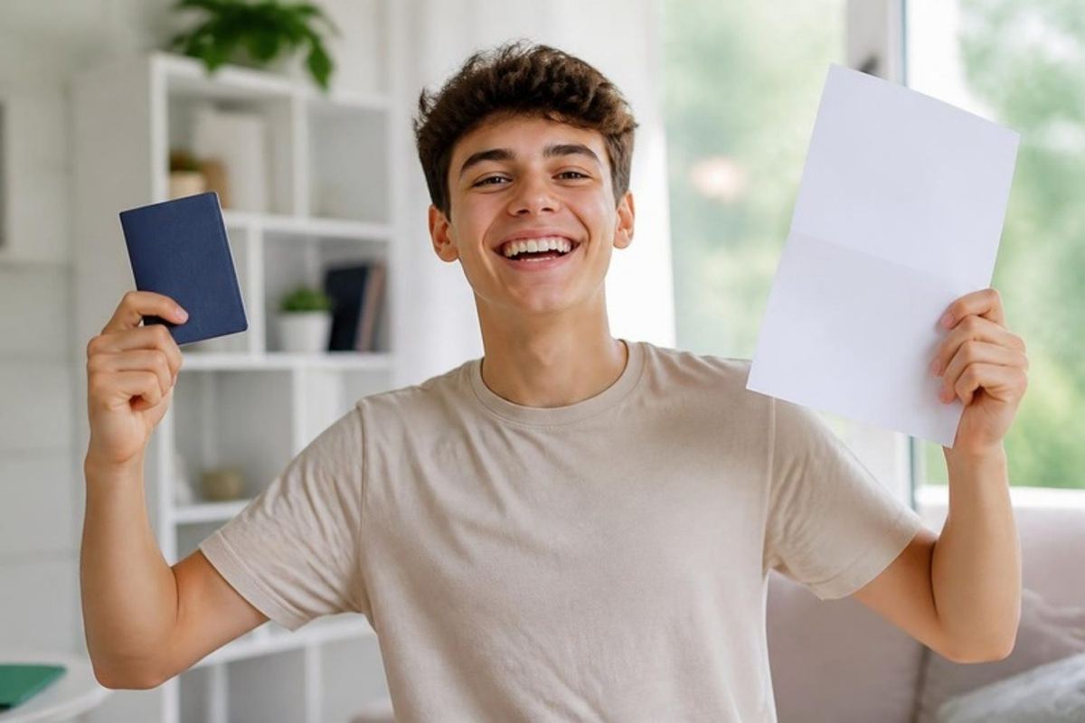 Một học sinh cầm hộ chiếu bên một bộ hồ sơ đã được chấp thuận