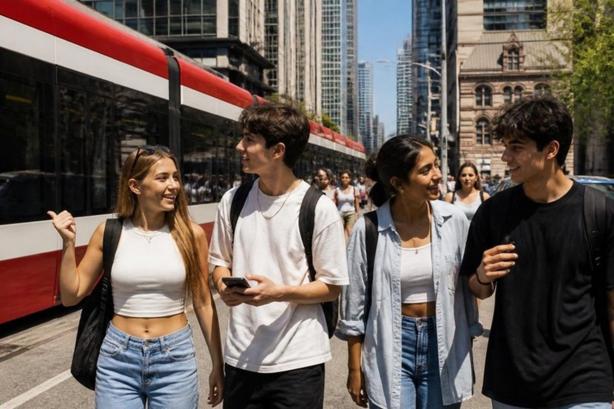 Các học sinh khám phá trung tâm Toronto bên một chiếc xe điện màu đỏ