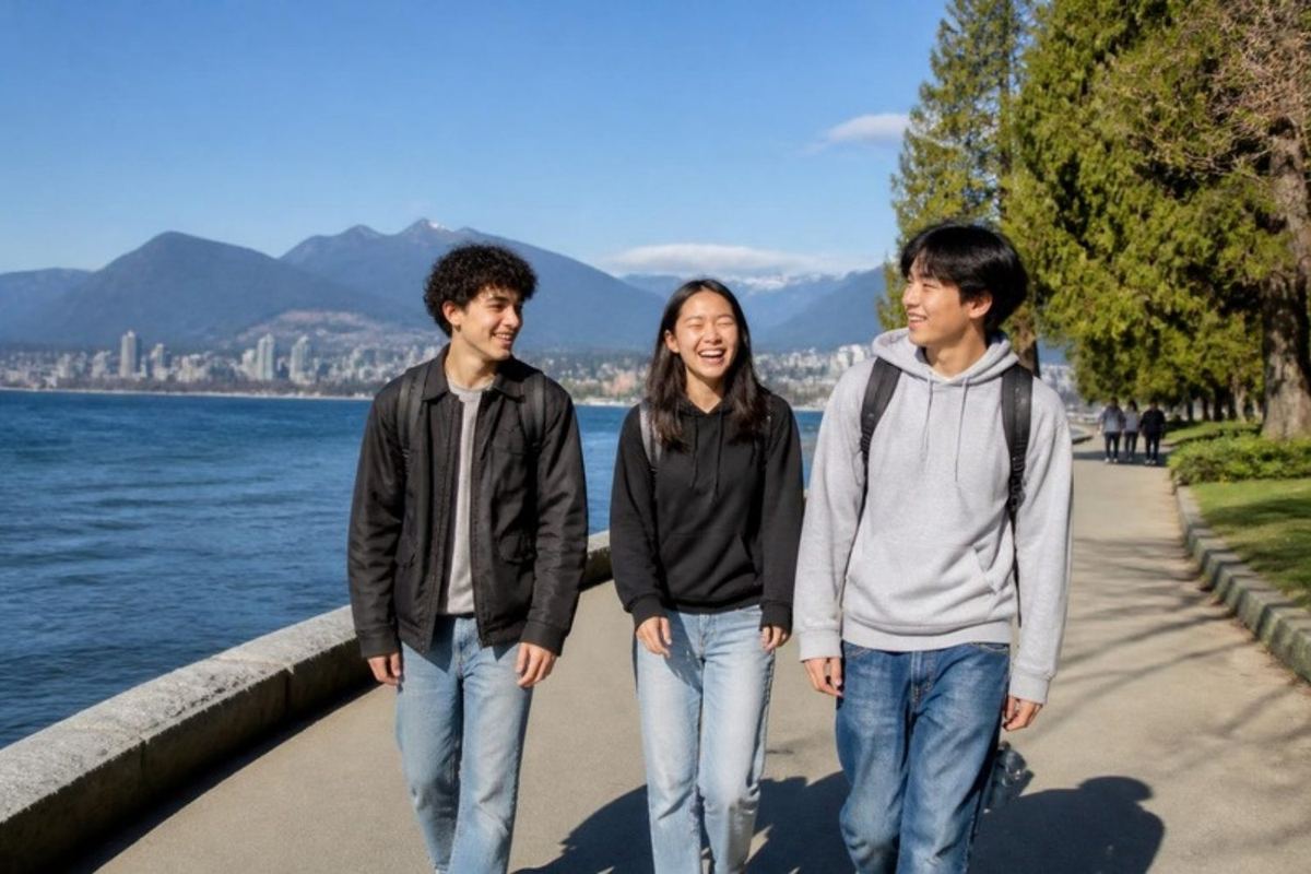 Các học sinh trên đường dạo ven biển Vancouver, phía sau là núi và bến cảng
