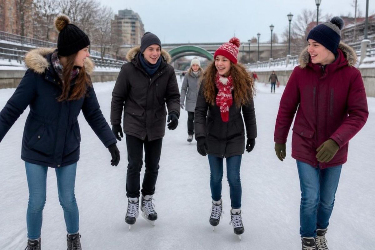 Các học sinh trượt băng trên kênh đào Rideau ở Ottawa vào mùa đông