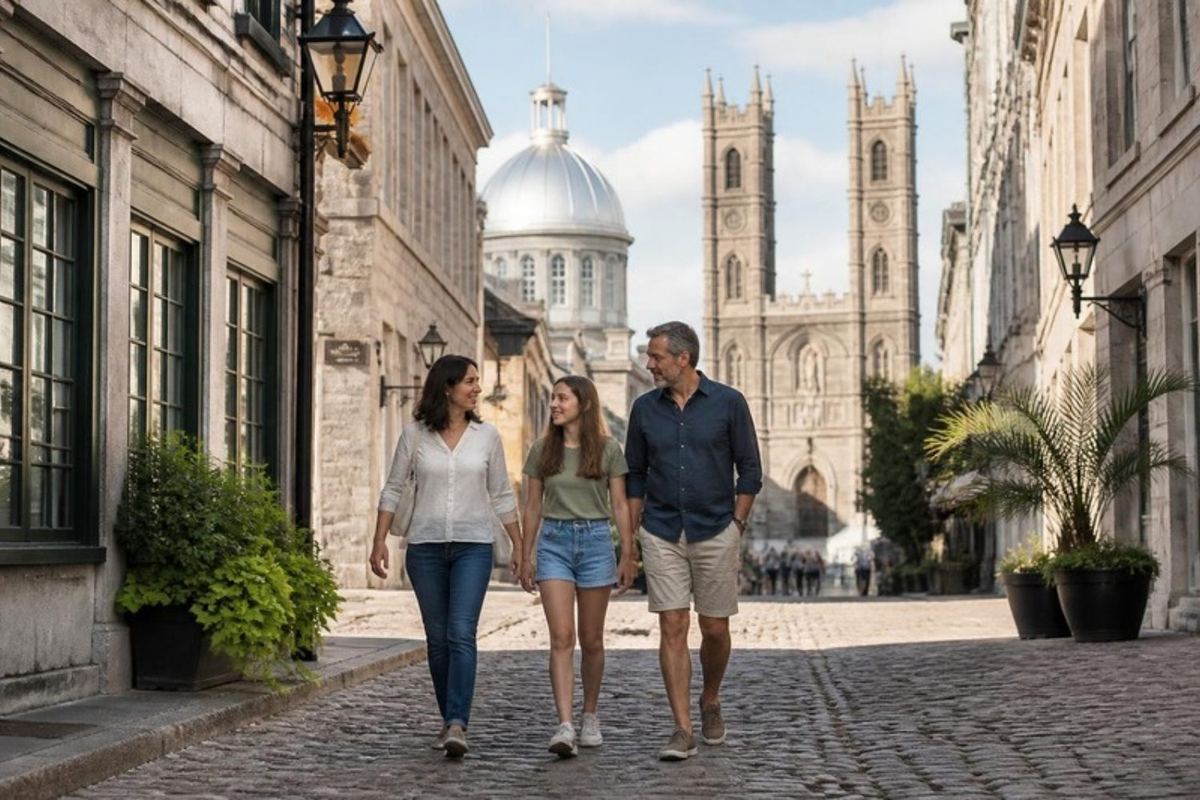 Một gia đình dạo bước trong khu phố cổ Montréal, ngang qua hai tòa tháp của một vương cung thánh đường cổ kính