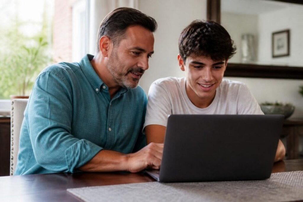 Father and teenage son checking a Canadian study permit application on a laptop